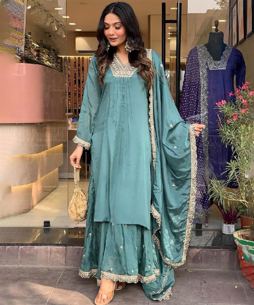 Blue Art Silk Embroidered Kurta with Pant and Dupatta