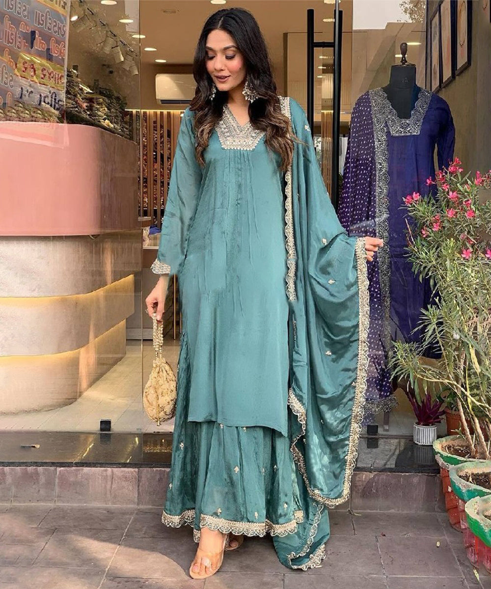 Blue Art Silk Embroidered Kurta with Pant and Dupatta
