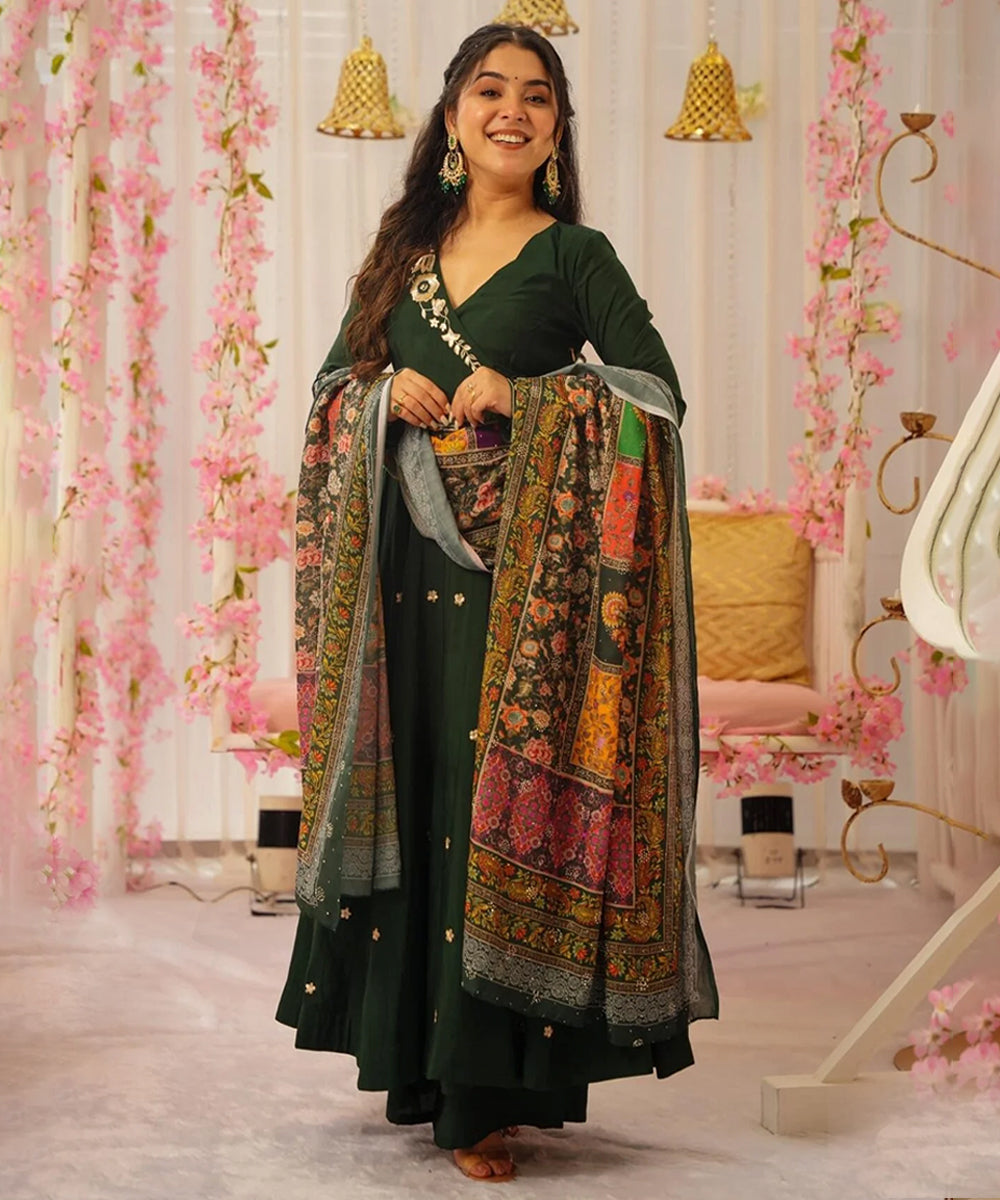 Green Art Silk Embroidered Kurta with Pant and Dupatta