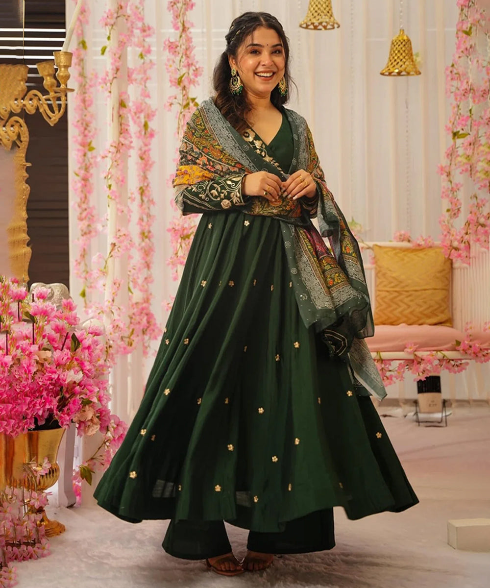 Green Art Silk Embroidered Kurta with Pant and Dupatta