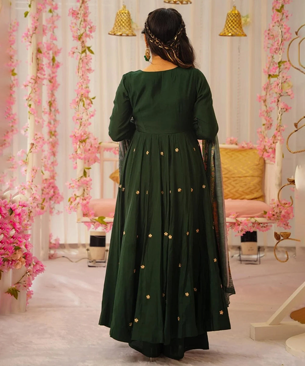 Green Art Silk Embroidered Kurta with Pant and Dupatta