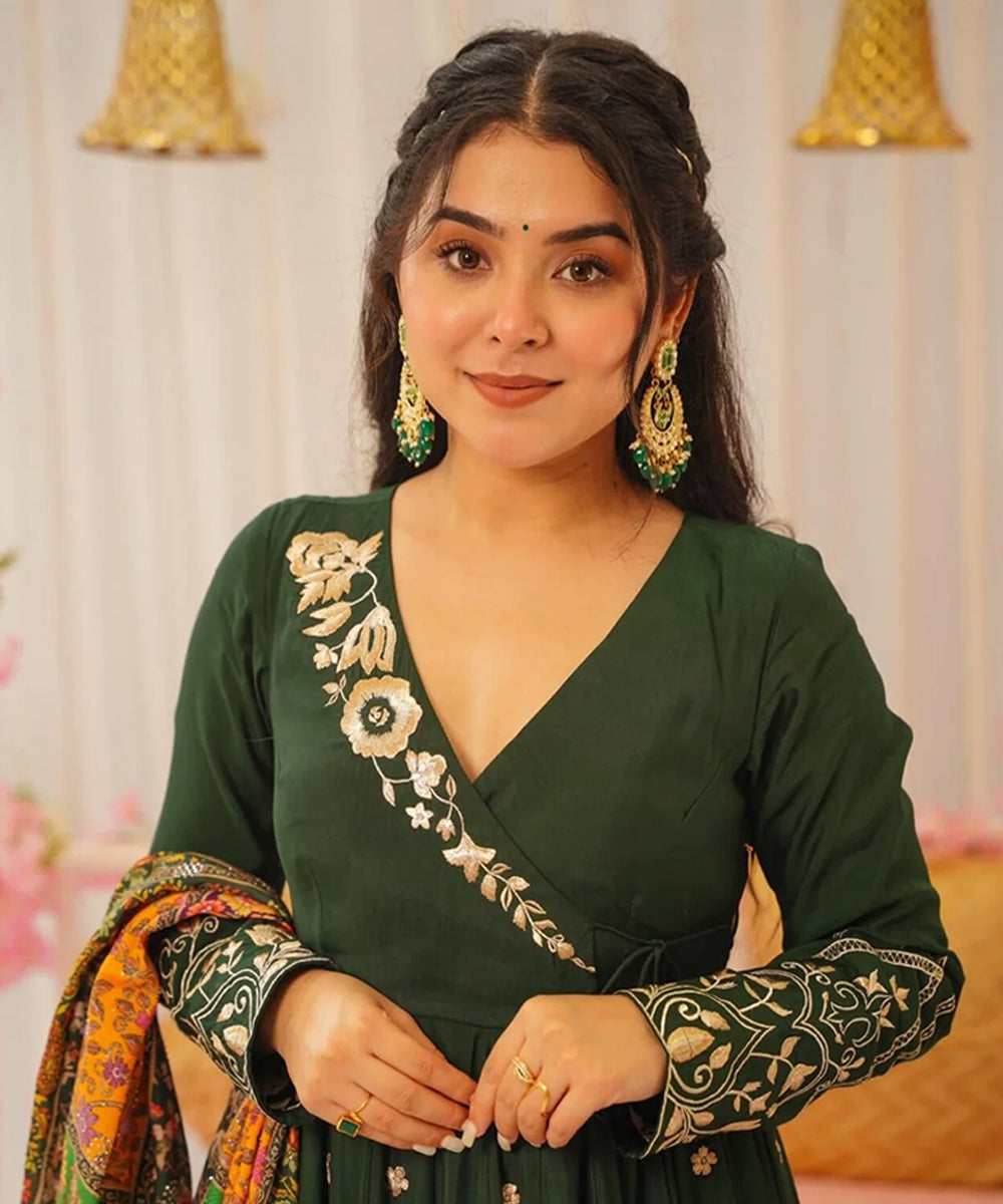 Green Art Silk Embroidered Kurta with Pant and Dupatta