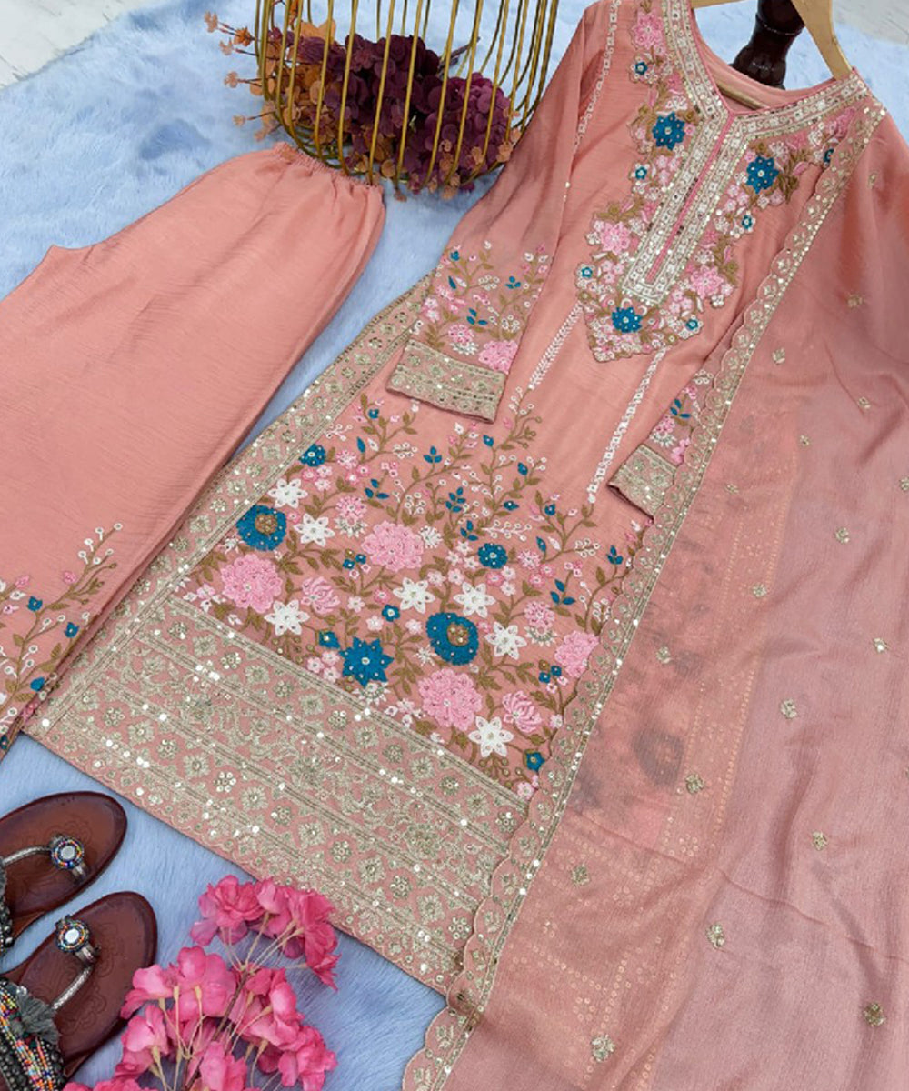 Peach Art Silk Embroidered Kurta Pant Set with Dupatta