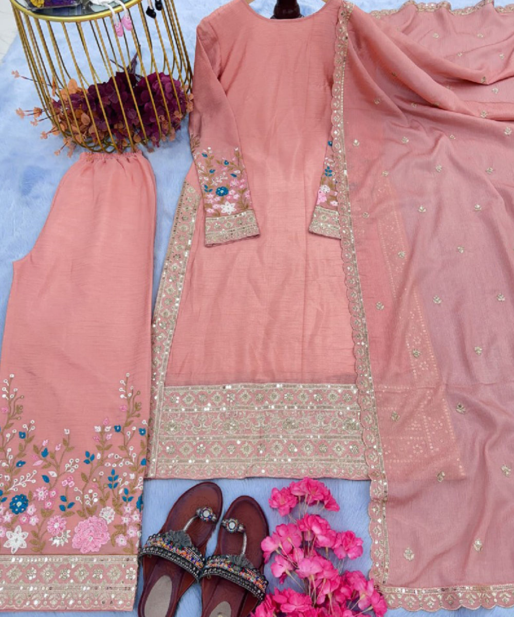 Peach Art Silk Embroidered Kurta Pant Set with Dupatta