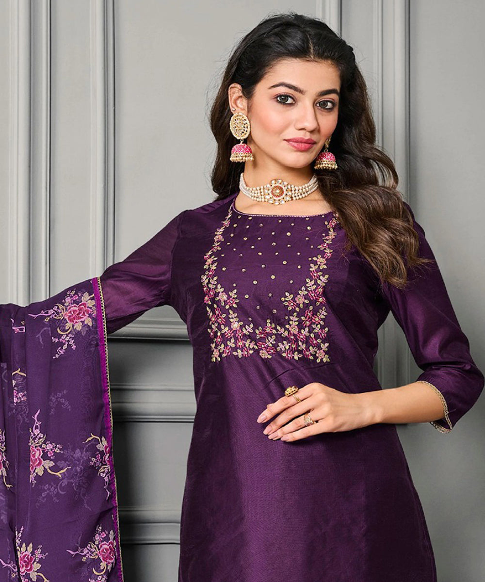 Purple Cotton Silk Printed Kurta with Pant and Dupatta