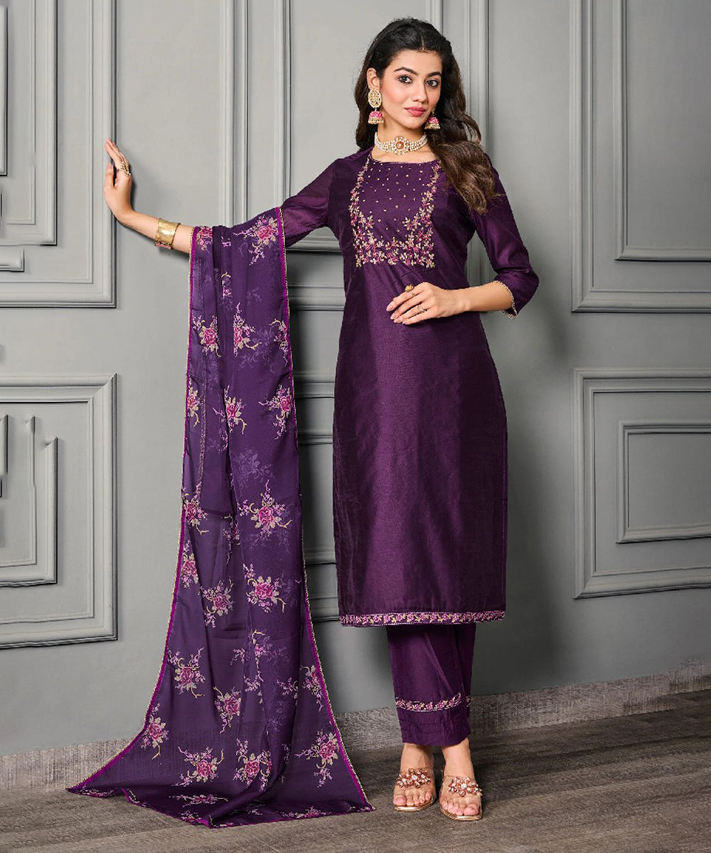 Purple Cotton Silk Printed Kurta with Pant and Dupatta