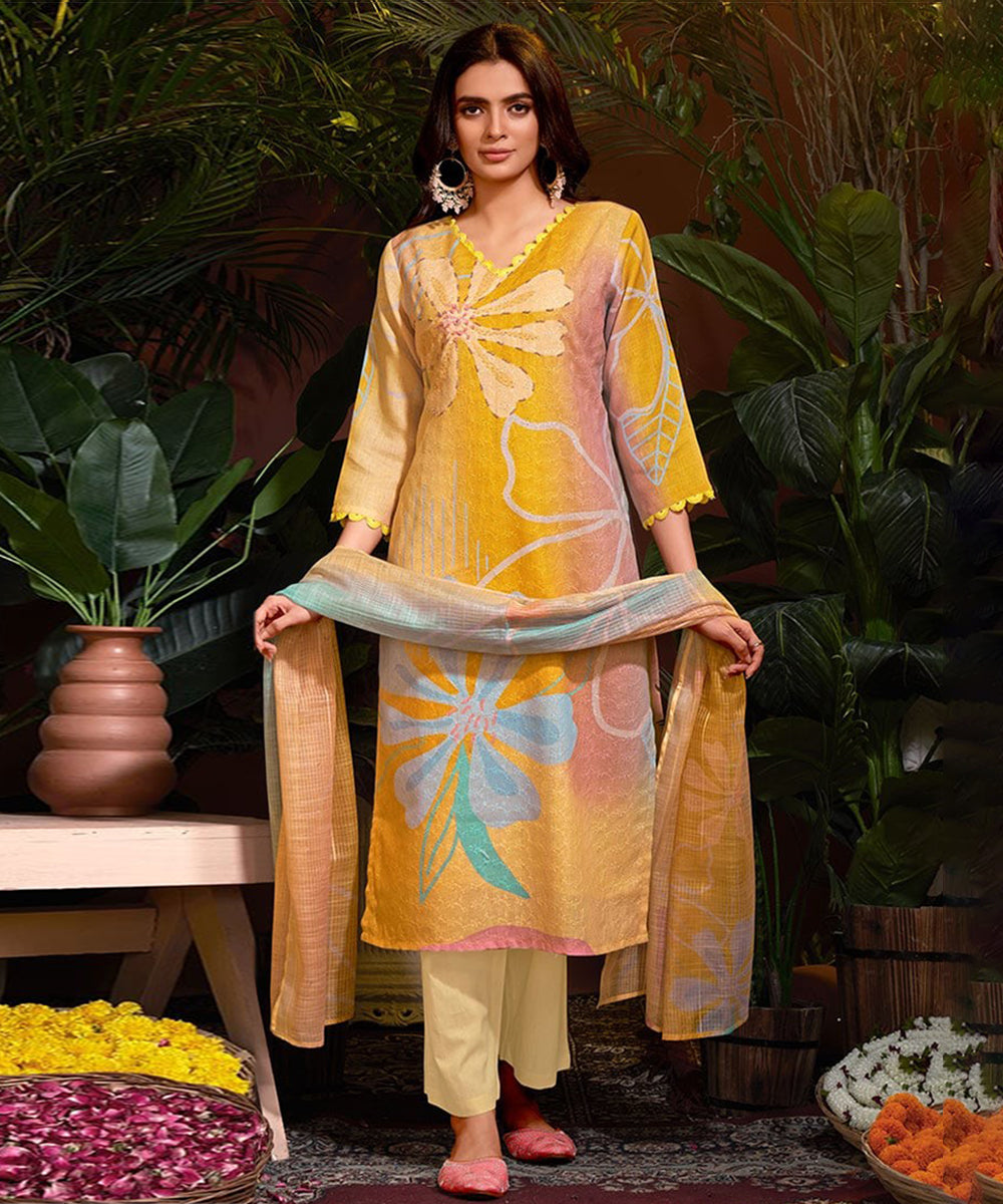 Mustard Cotton Printed Kurta with Pant and Dupatta