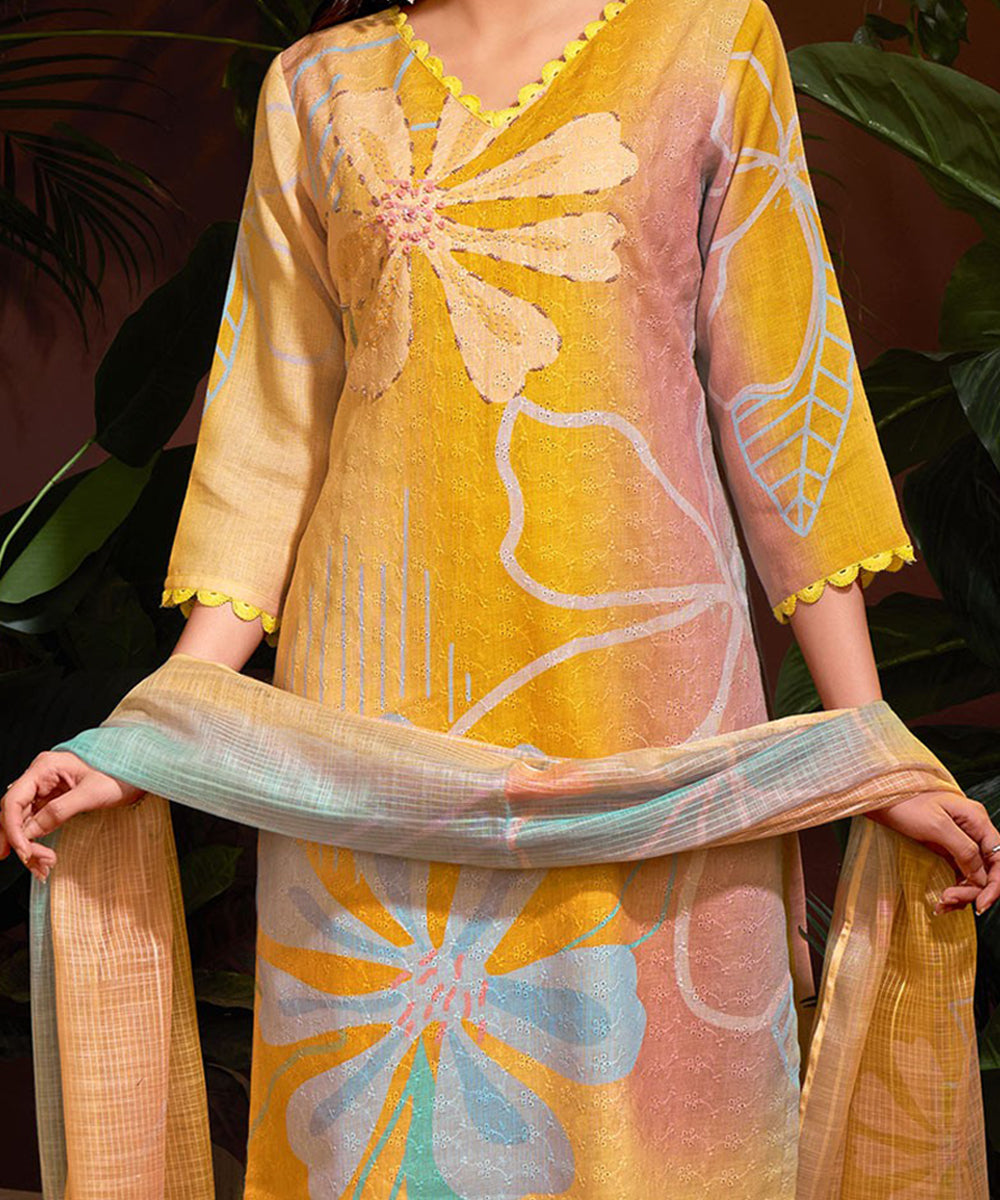 Mustard Cotton Printed Kurta with Pant and Dupatta