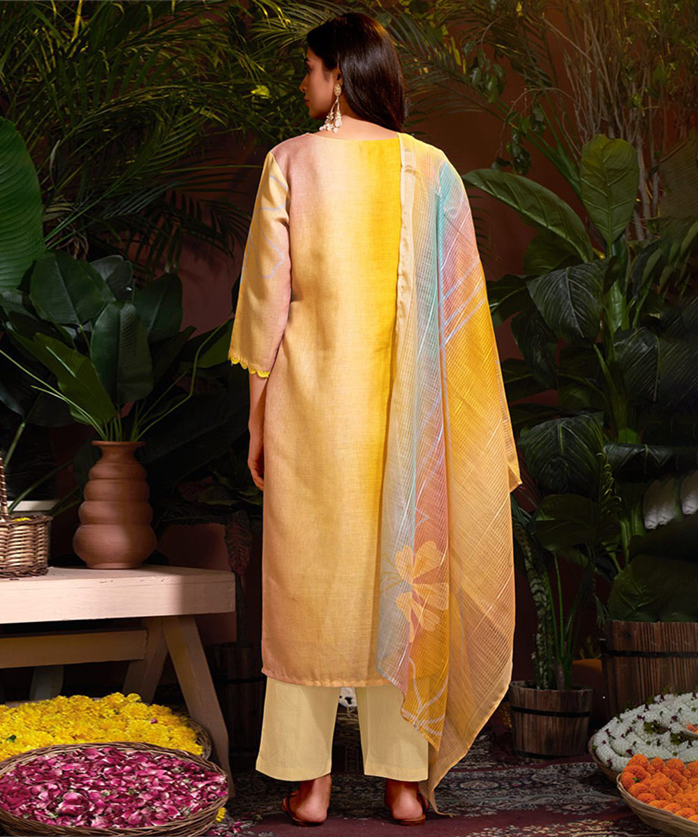 Mustard Cotton Printed Kurta with Pant and Dupatta
