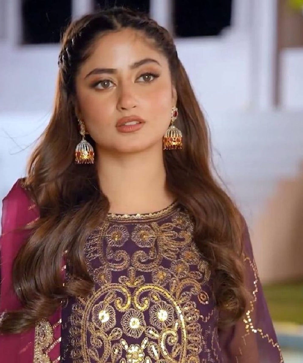 Purple Faux Georgette Embroidered Kurta with Pant and Dupatta