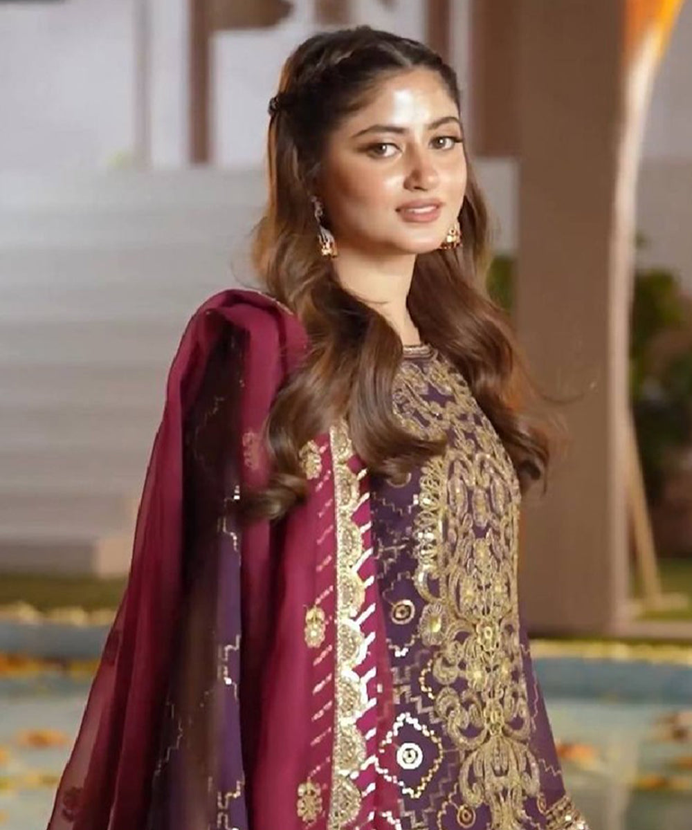 Purple Faux Georgette Embroidered Kurta with Pant and Dupatta