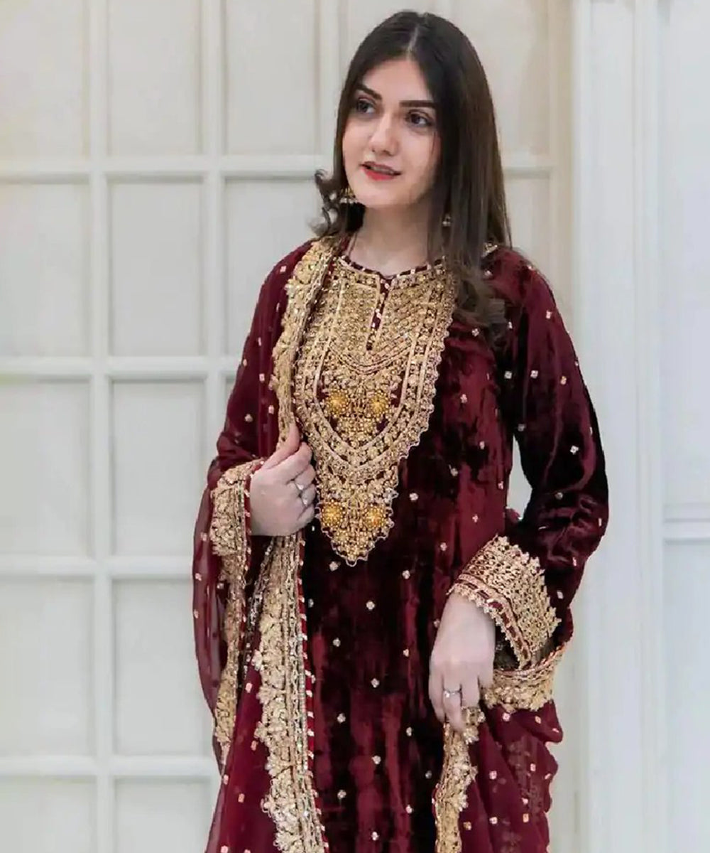 Maroon Georgette Embroidered Kurta with Pant and Dupatta