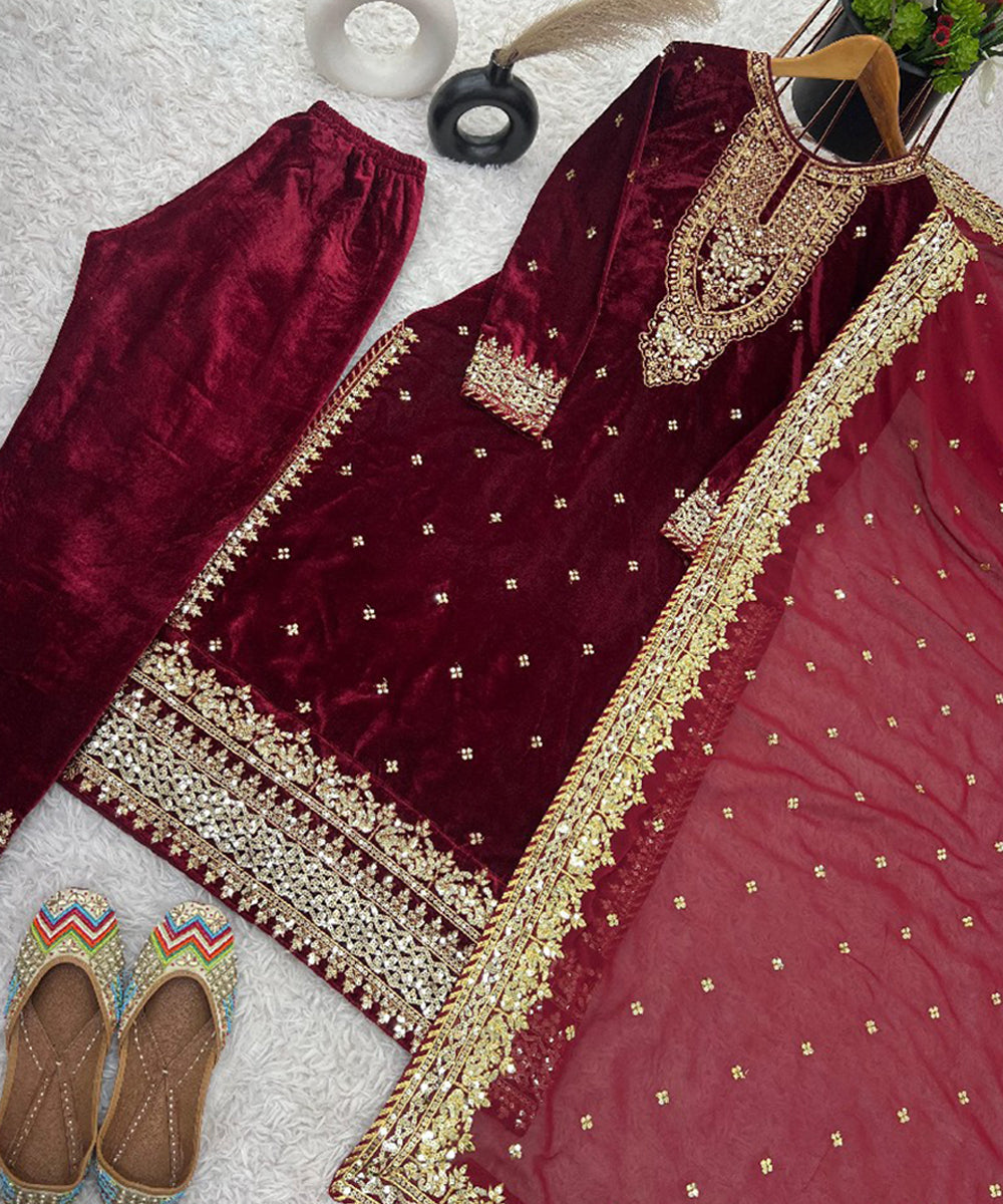 Maroon Georgette Embroidered Kurta with Pant and Dupatta