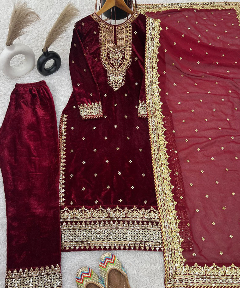 Maroon Georgette Embroidered Kurta with Pant and Dupatta