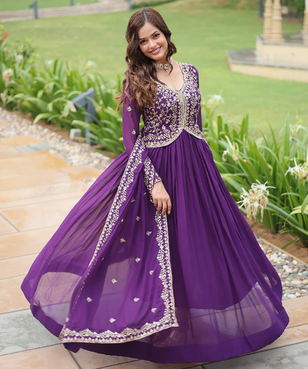 Purple Faux Georgette Embroidered Gown with Dupatta