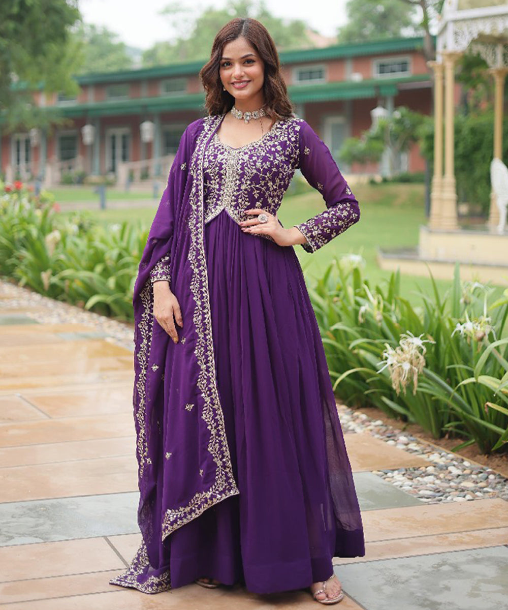 Purple Faux Georgette Embroidered Gown with Dupatta