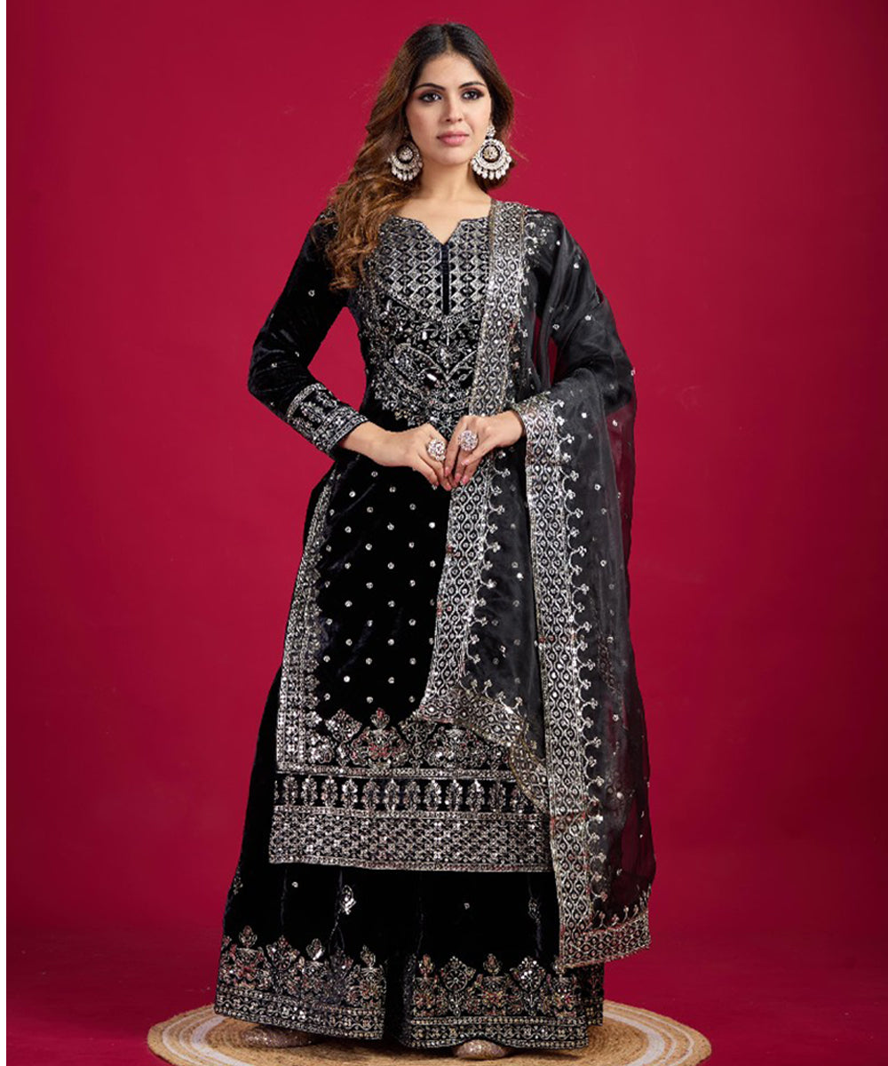 Black Viscose Embroidered Kurta Pant Set with Dupatta