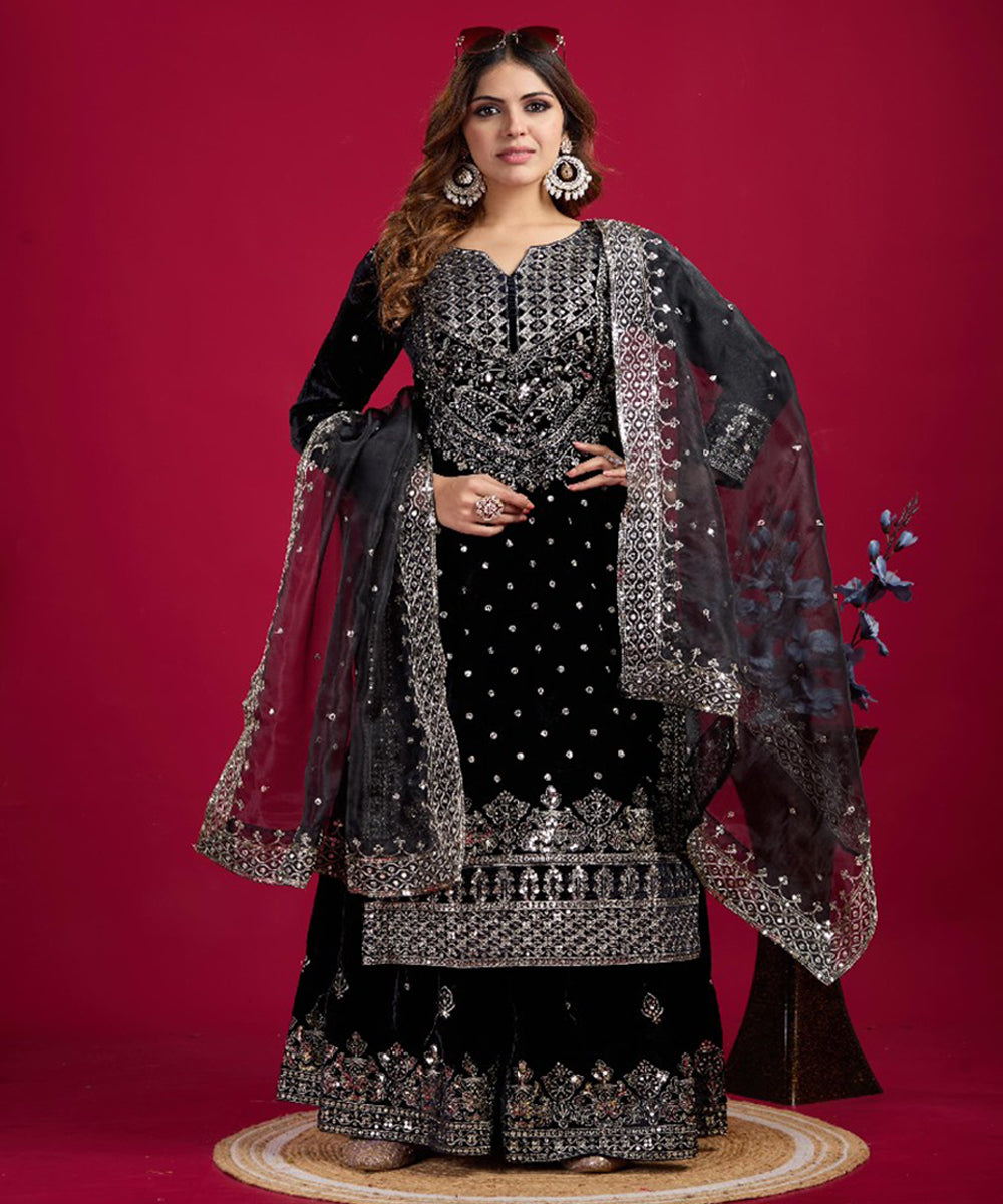 Black Viscose Embroidered Kurta Pant Set with Dupatta