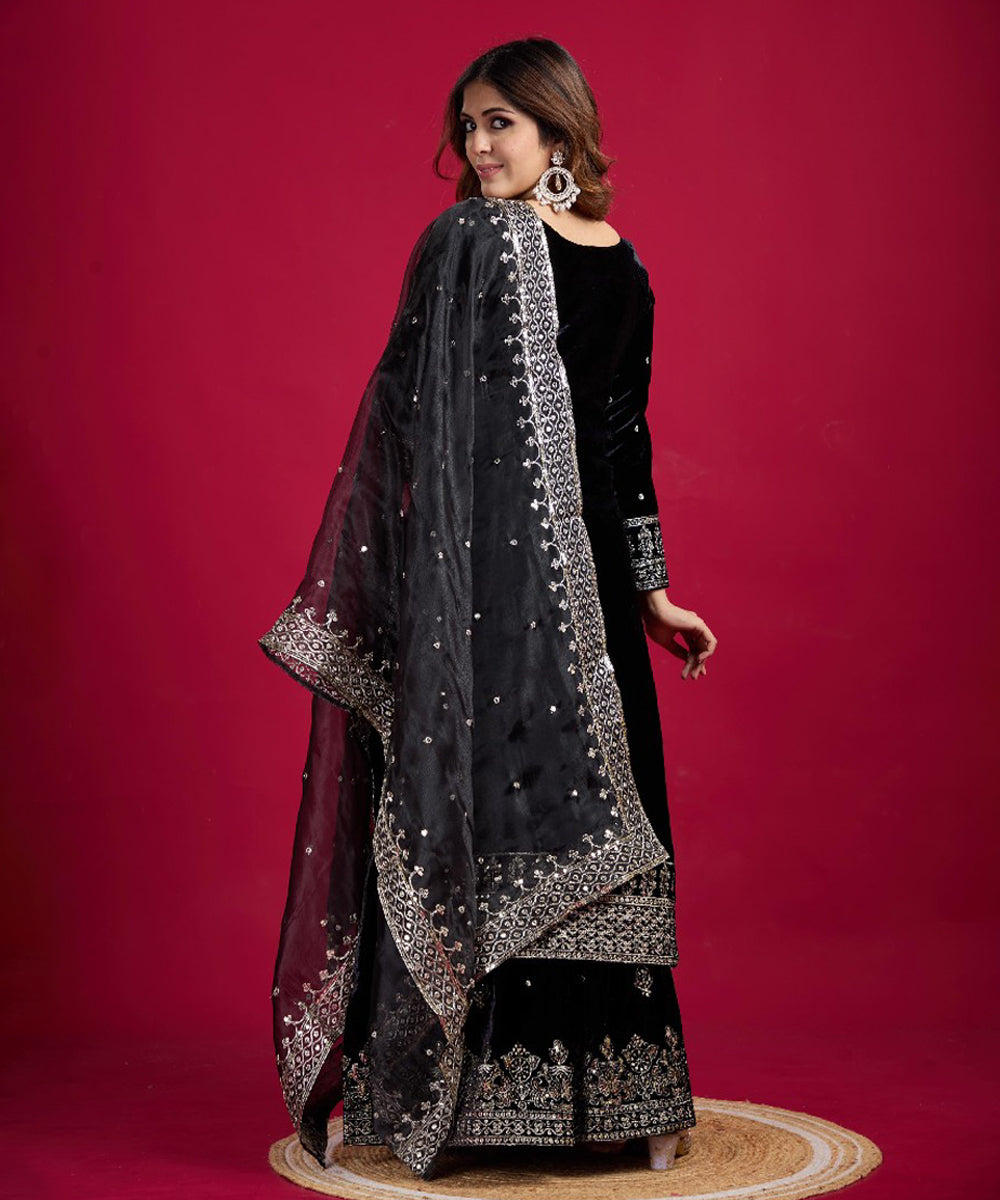 Black Viscose Embroidered Kurta Pant Set with Dupatta