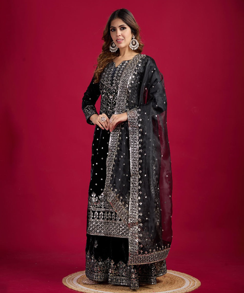 Black Viscose Embroidered Kurta Pant Set with Dupatta