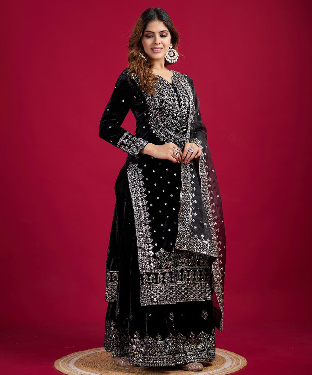 Black Viscose Embroidered Kurta Pant Set with Dupatta