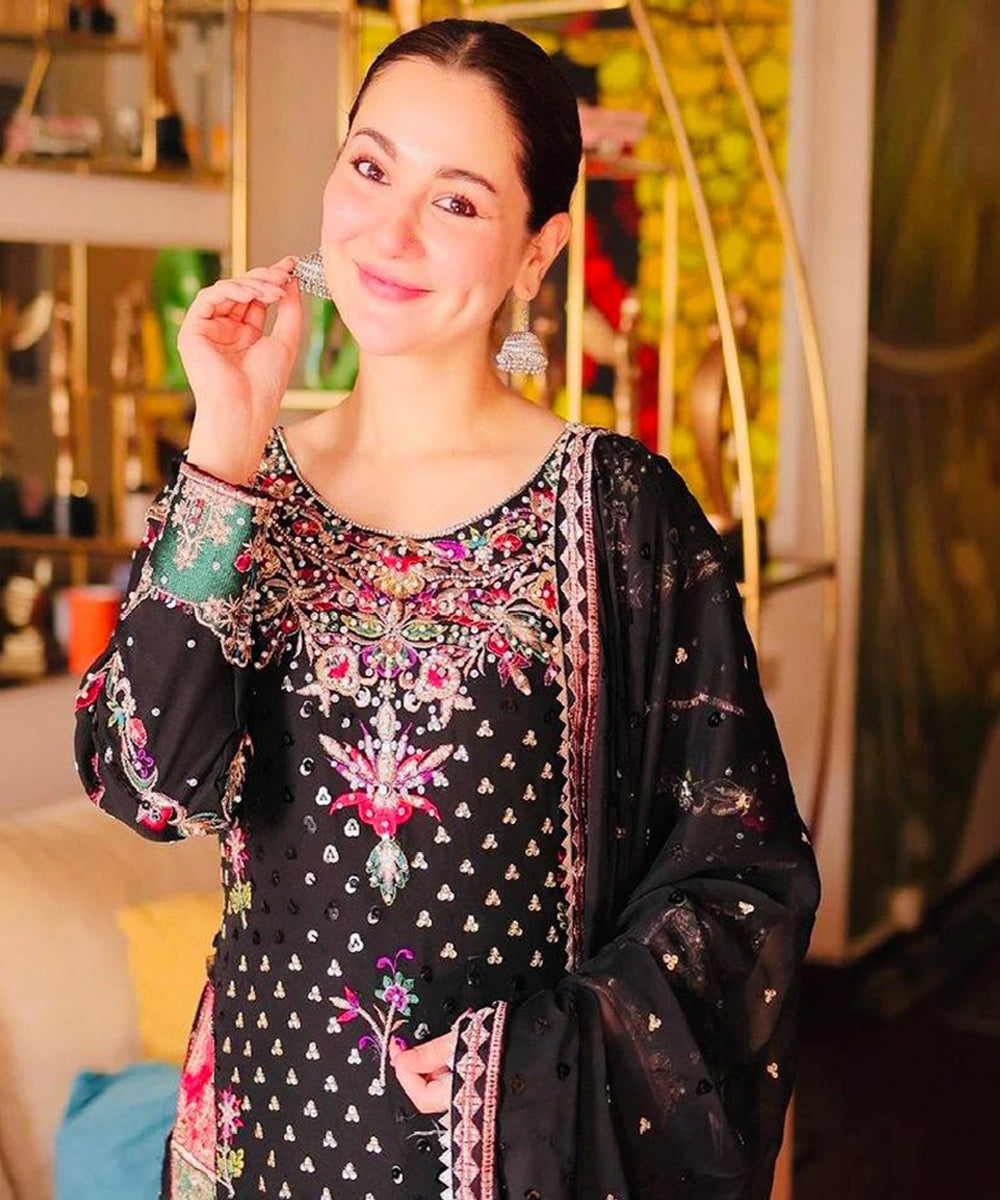 Black Faux Georgette Embroidered Kurta with Pant and Dupatta