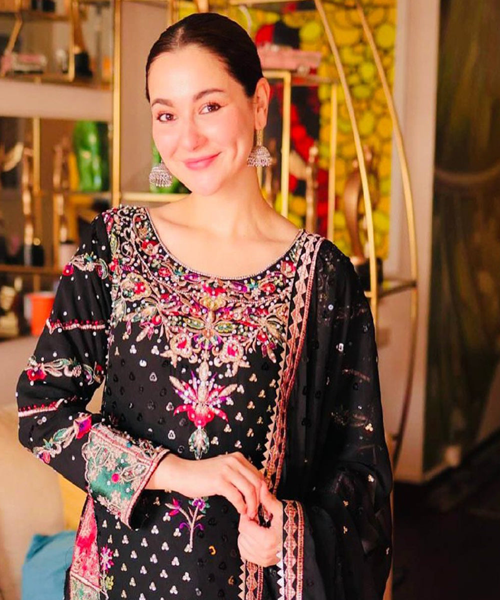 Black Faux Georgette Embroidered Kurta with Pant and Dupatta