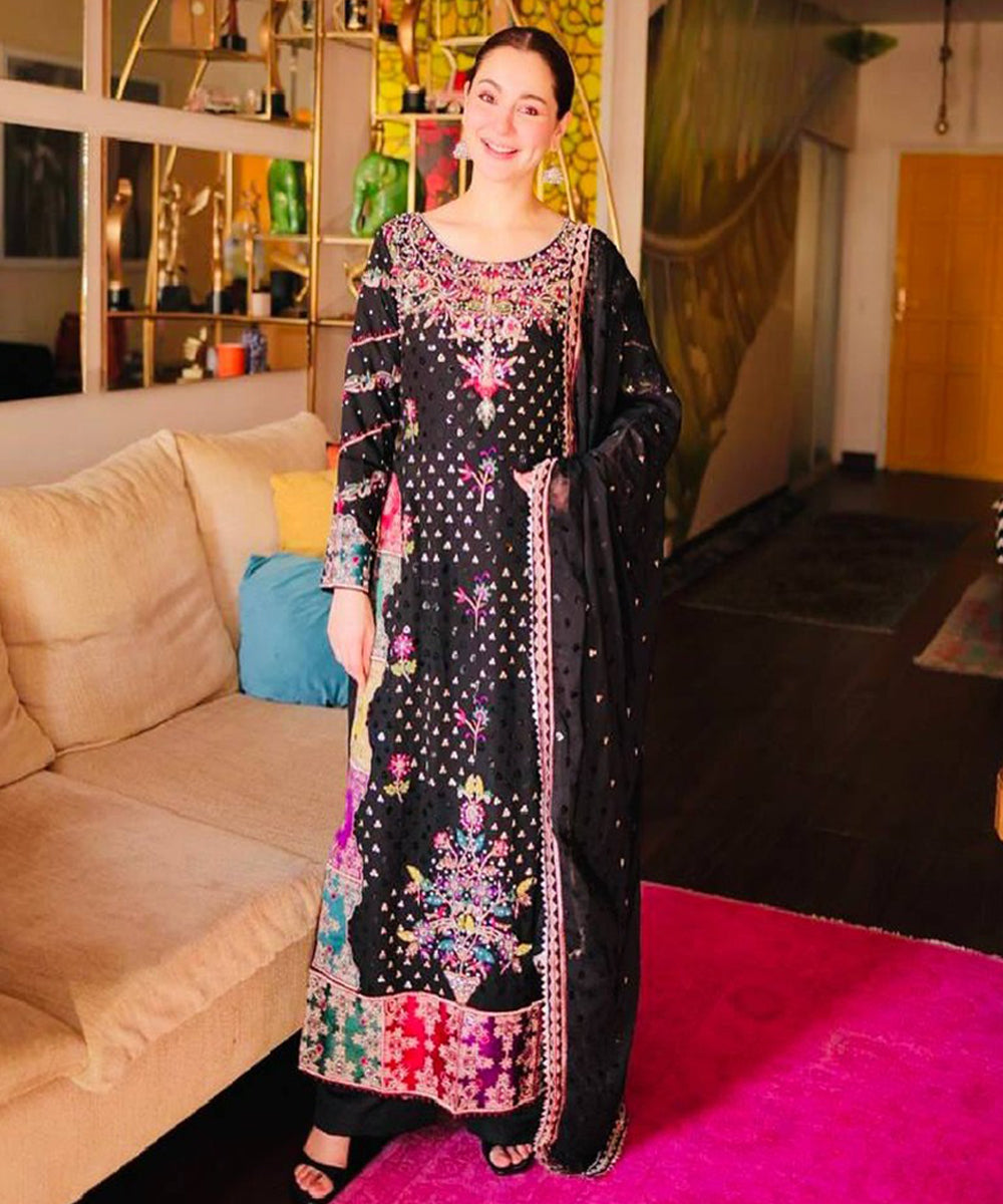 Black Faux Georgette Embroidered Kurta with Pant and Dupatta