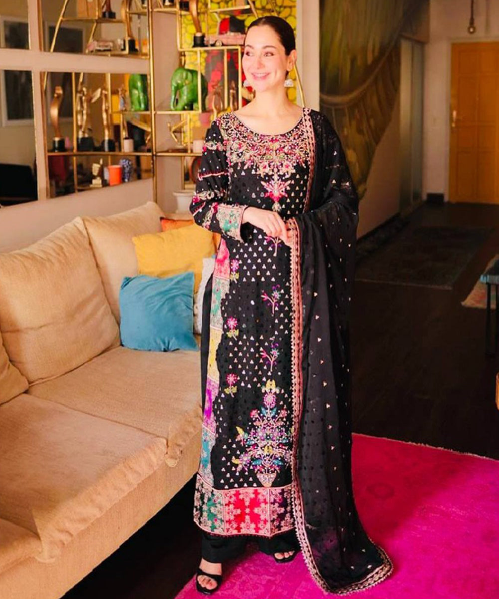 Black Faux Georgette Embroidered Kurta with Pant and Dupatta