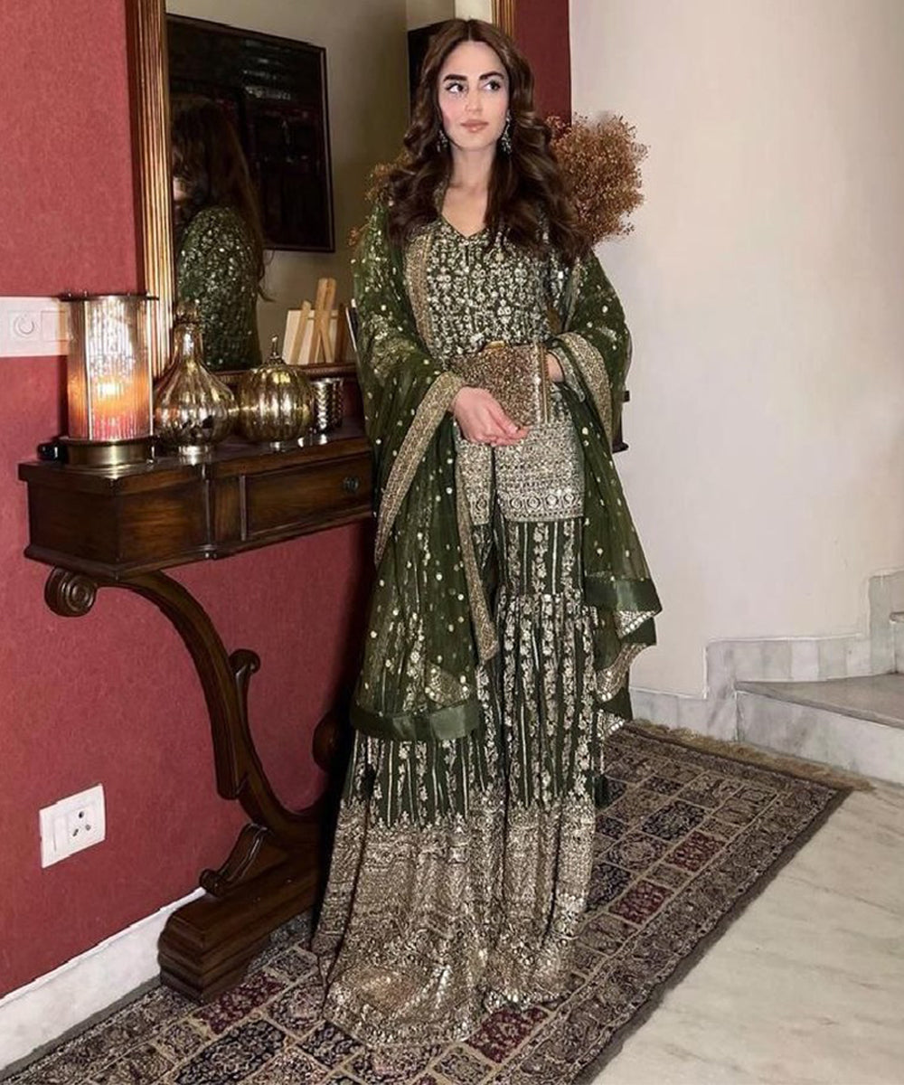 Green Faux Georgette Embroidered Kurta with Pant and Dupatta