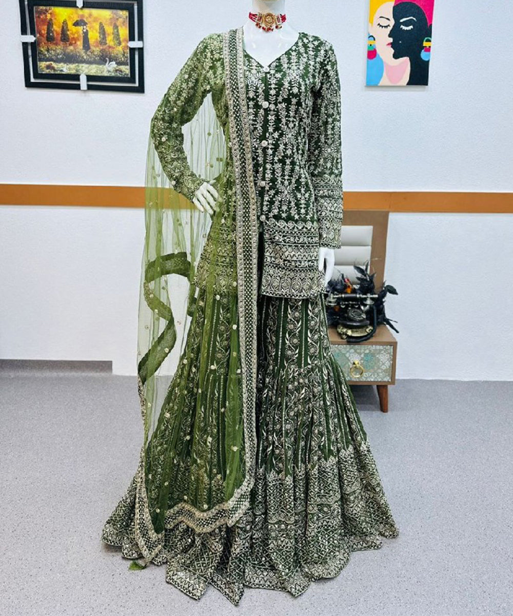 Green Faux Georgette Embroidered Kurta with Pant and Dupatta