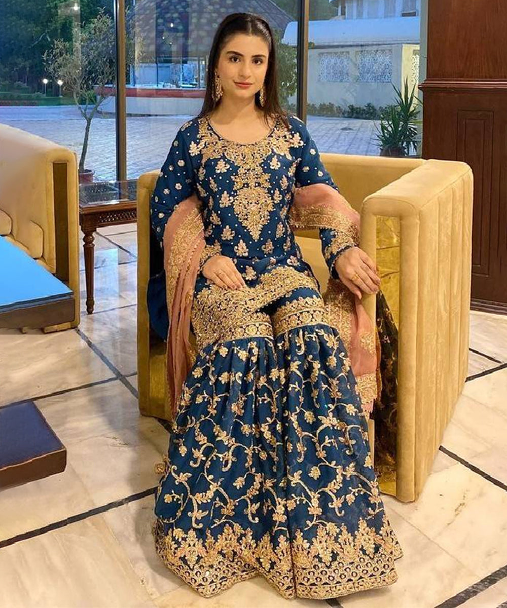 Blue Faux Georgette Embroidered Kurta with Pant and Dupatta