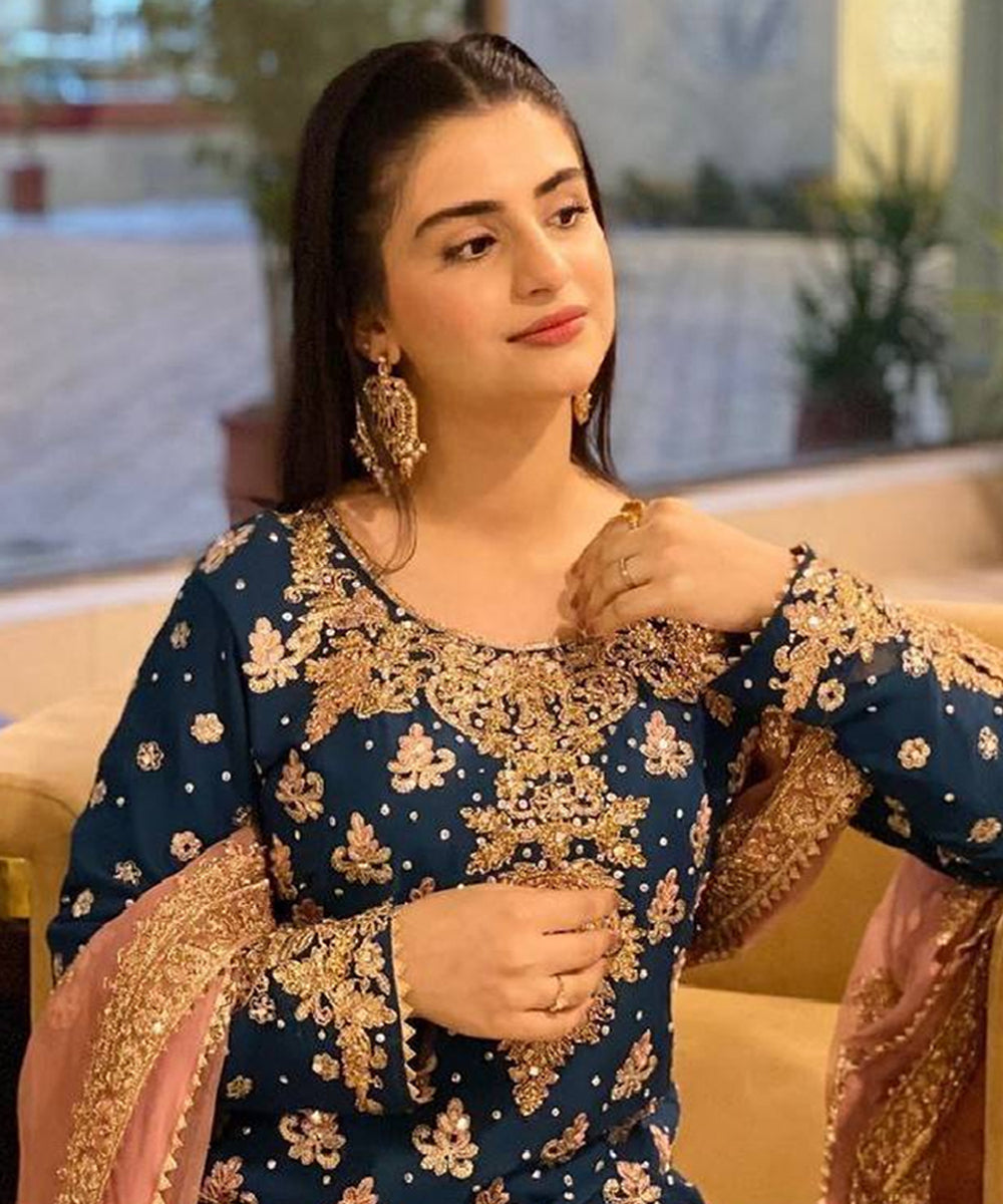 Blue Faux Georgette Embroidered Kurta with Pant and Dupatta