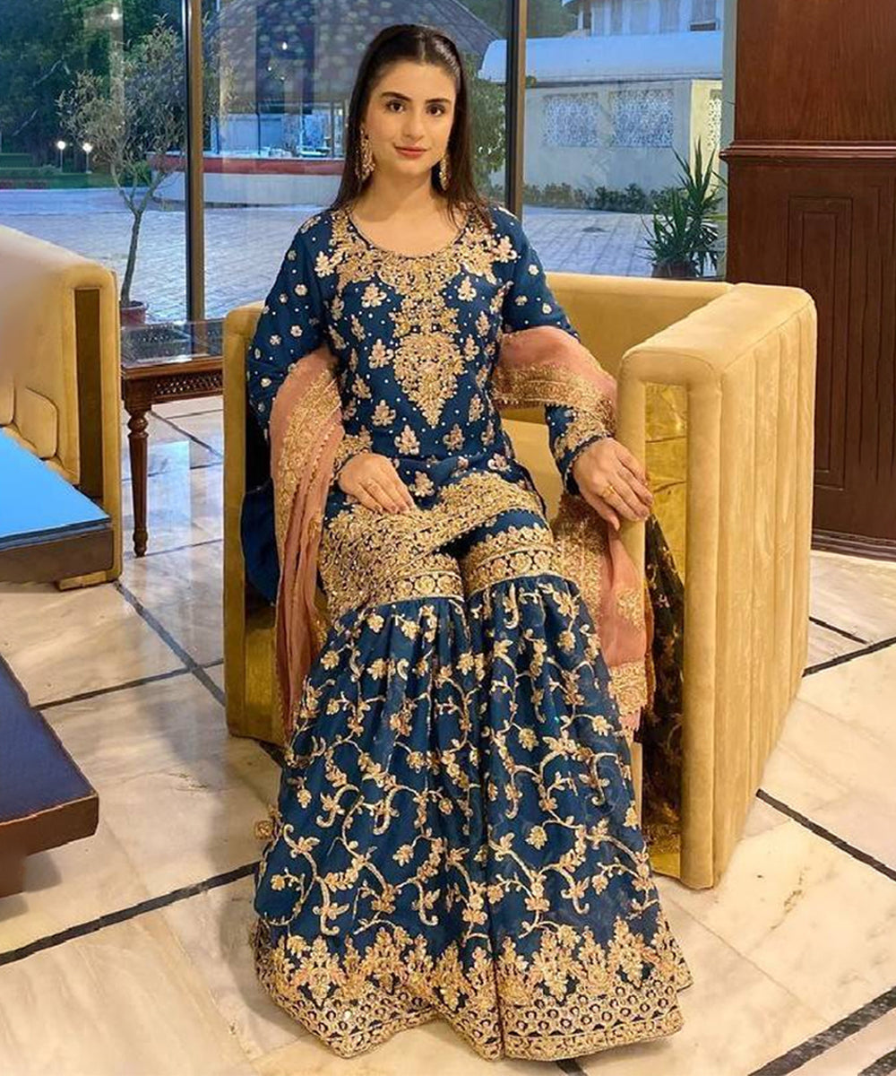 Blue Faux Georgette Embroidered Kurta with Pant and Dupatta