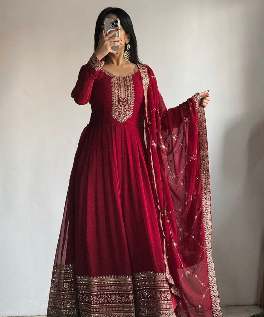 Red Faux Georgette Embroidered Gown and Dupatta