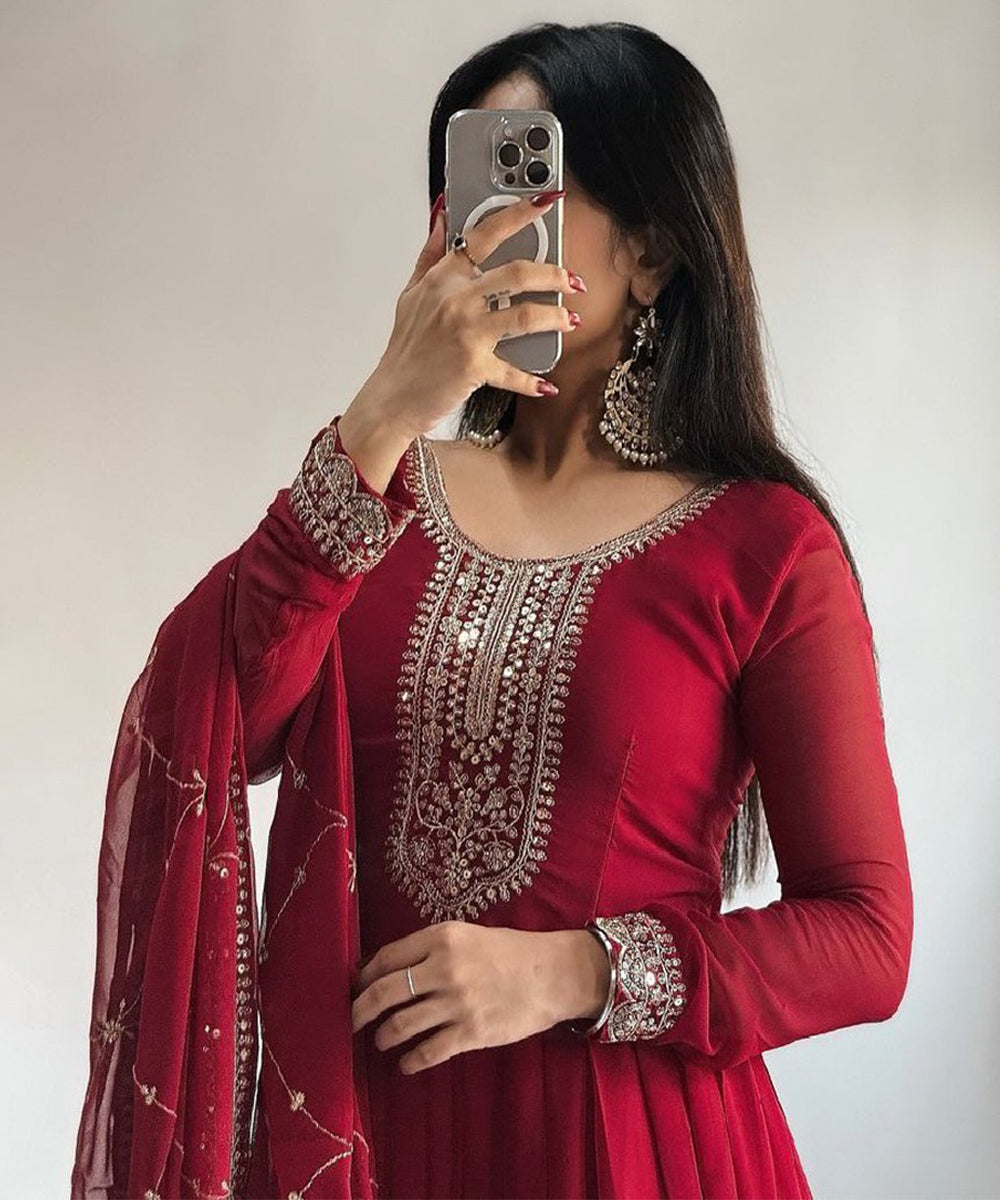 Red Faux Georgette Embroidered Gown and Dupatta