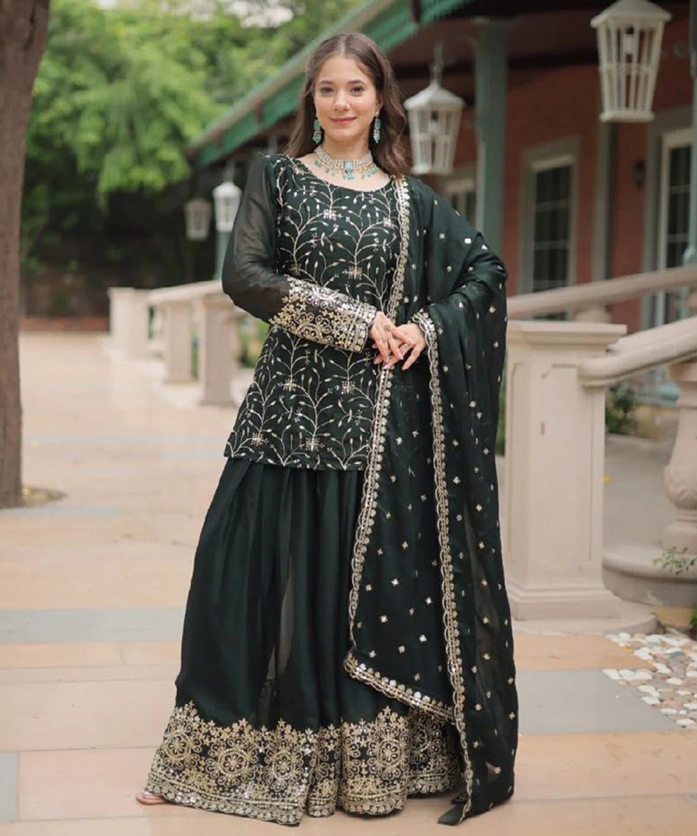 Green Art Silk Embroidered Kurta with Pant and Dupatta