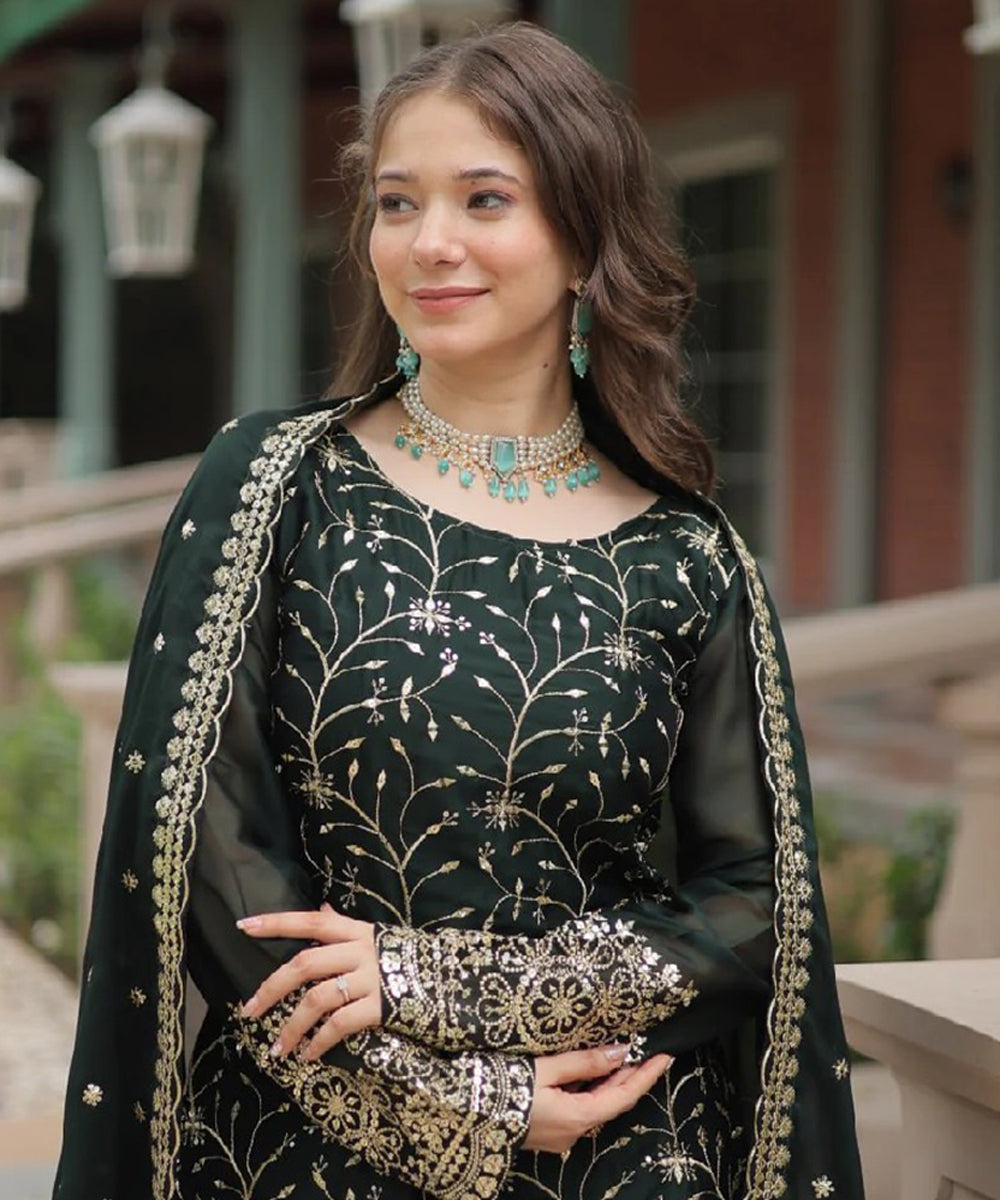 Green Art Silk Embroidered Kurta with Pant and Dupatta