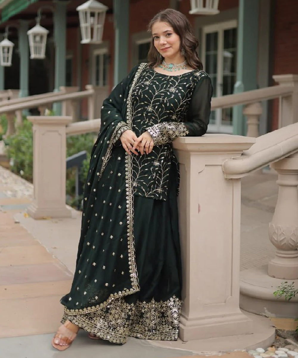 Green Art Silk Embroidered Kurta with Pant and Dupatta