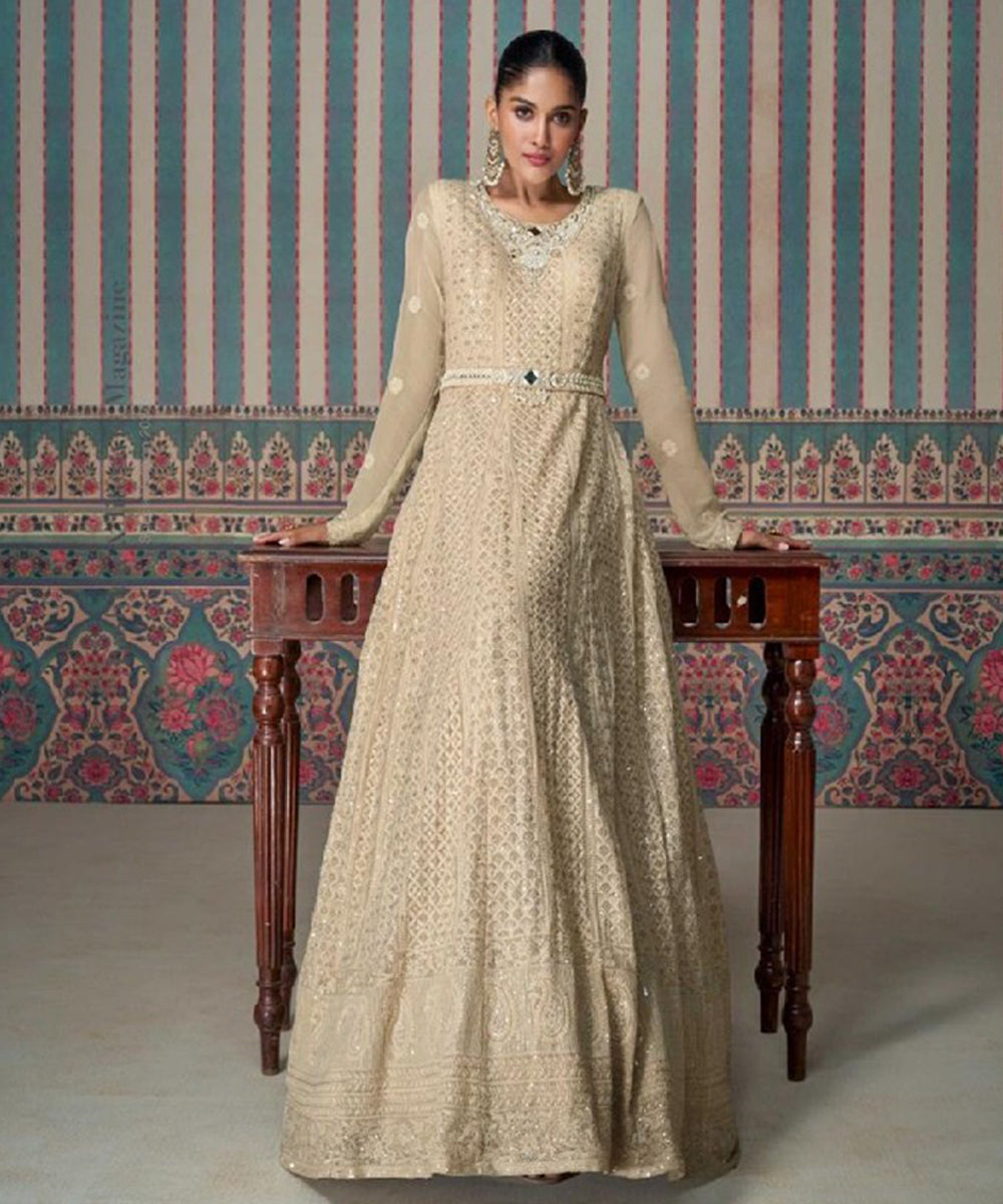 Cream Art Silk Embroidered Kurta with Pant with Dupatta