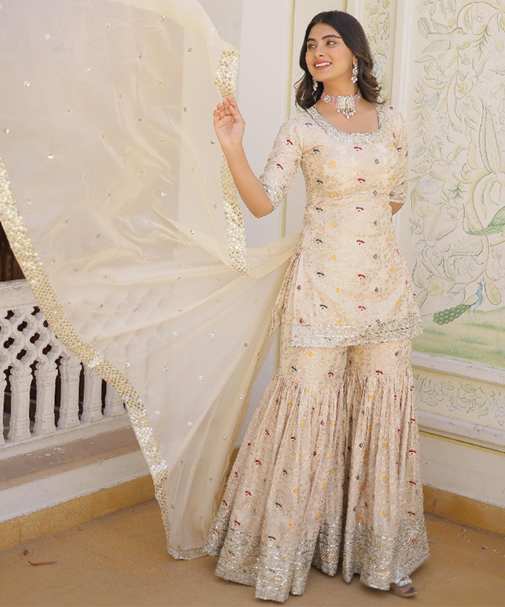 Off White Art Silk Embroidered Kurta with Pant and Dupatta