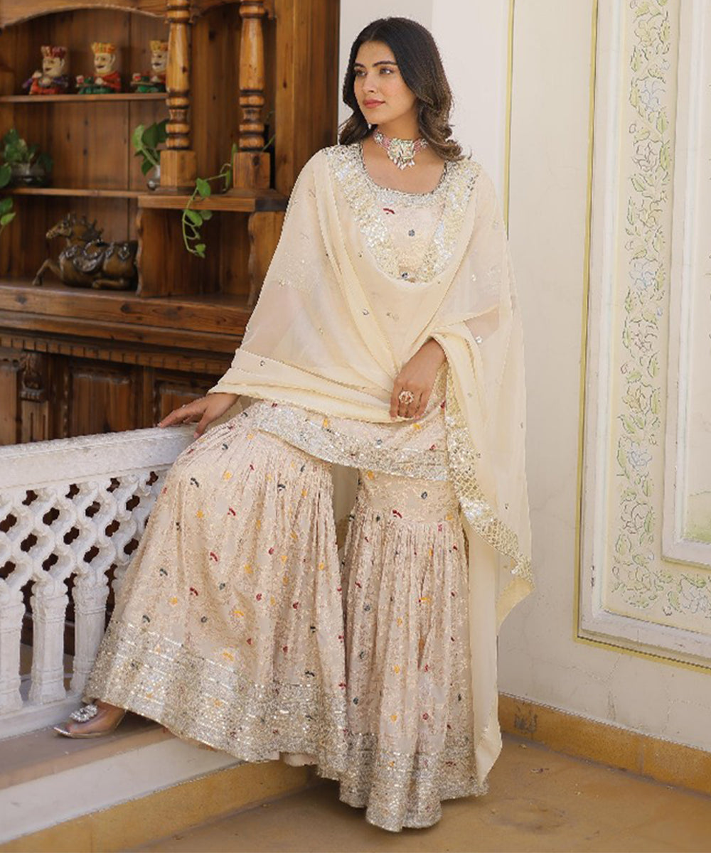 Off White Art Silk Embroidered Kurta with Pant and Dupatta