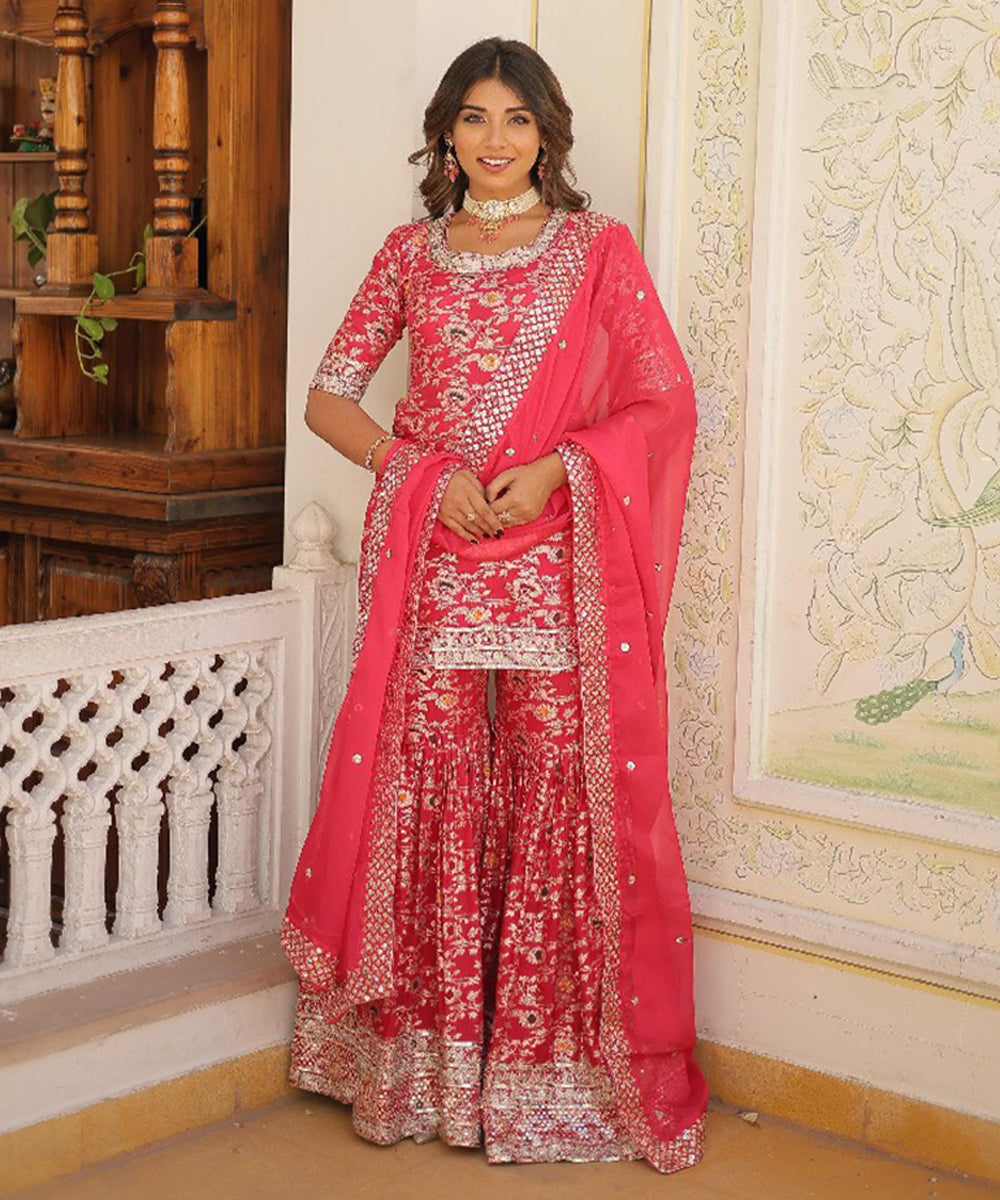 Rani Pink Art Silk Embroidered Kurta with Pant and Dupatta