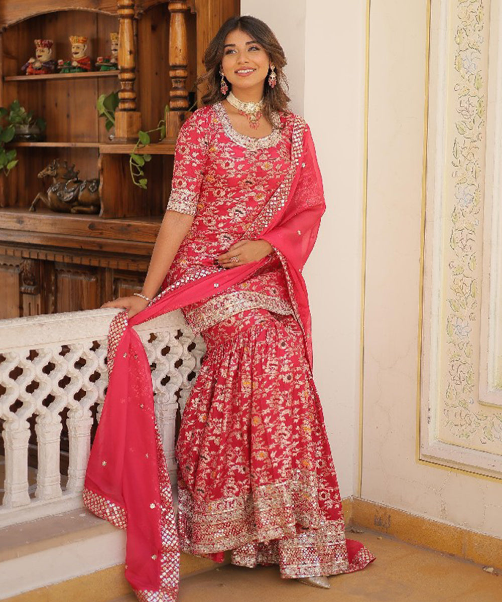 Rani Pink Art Silk Embroidered Kurta with Pant and Dupatta