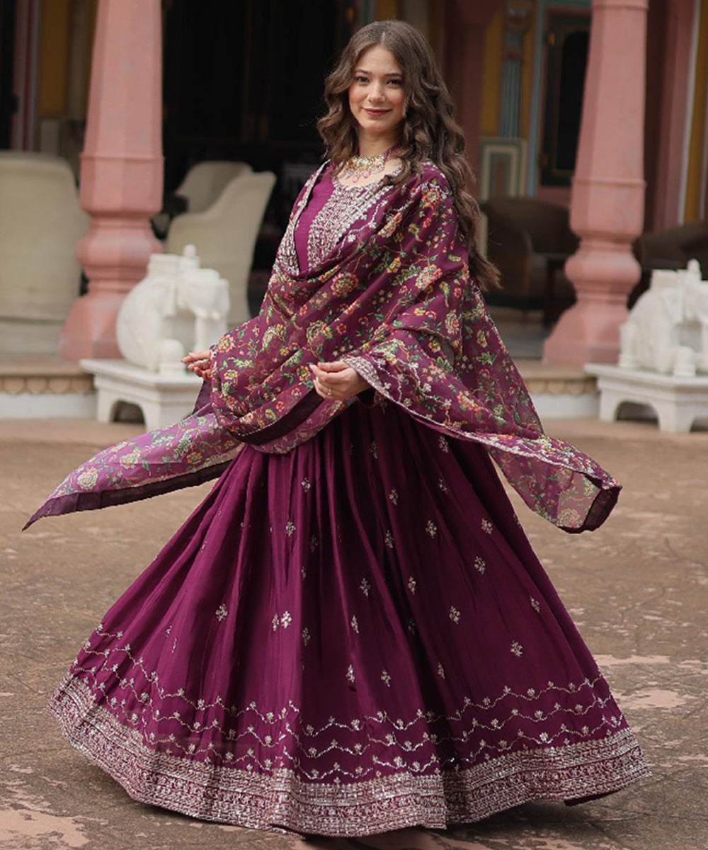 Wine Art Silk Embroidered Gown with Dupatta