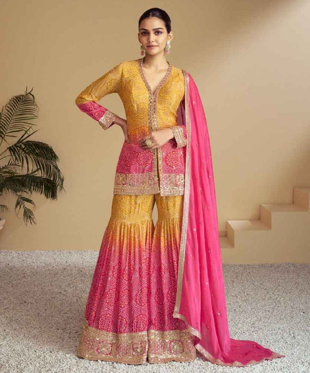 Yellow and Pink Art Silk Kurta with Pant and Dupatta