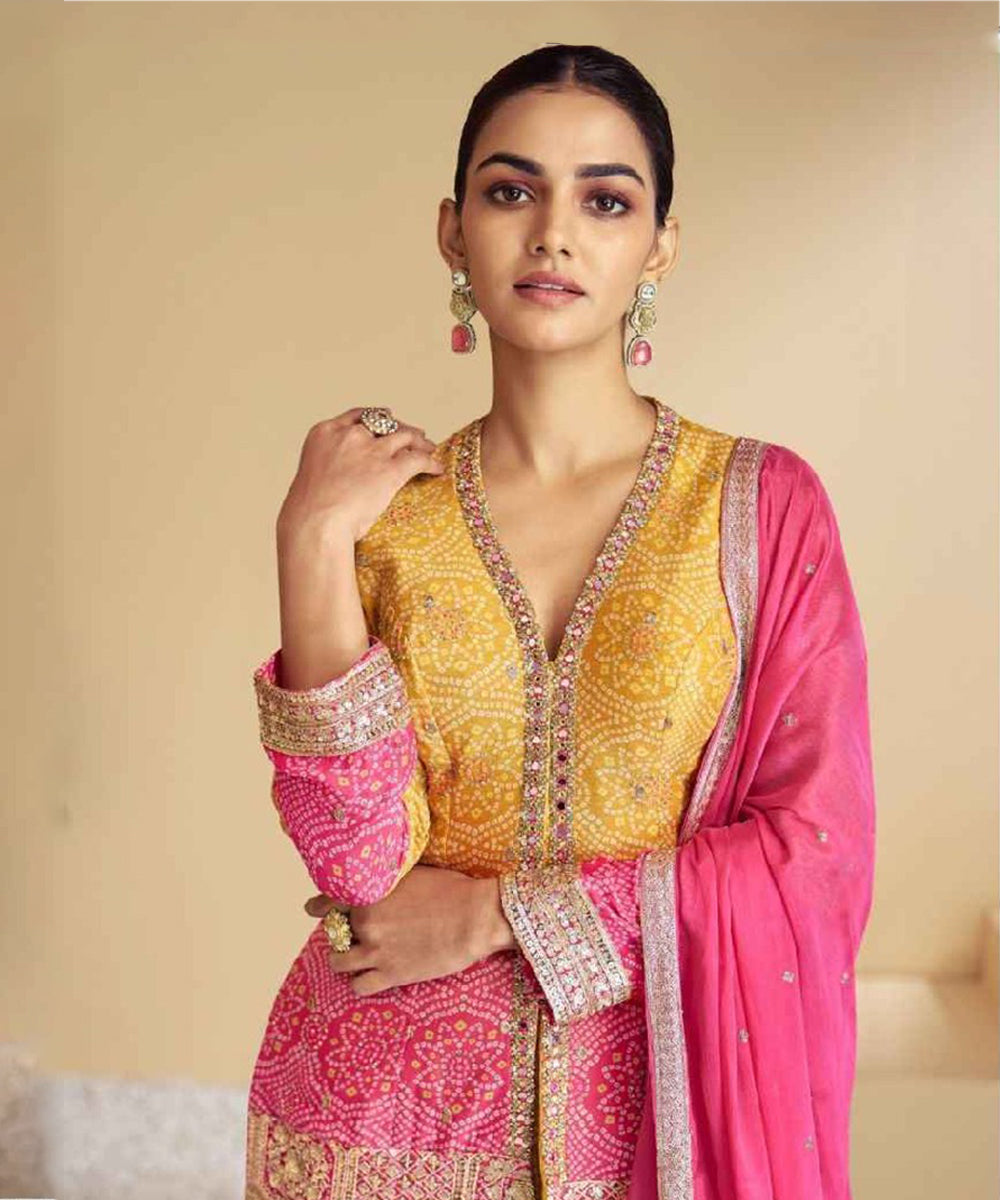 Yellow and Pink Art Silk Kurta with Pant and Dupatta
