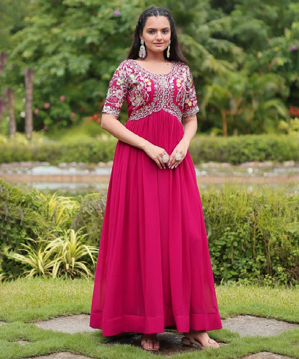 Pink Art Silk Embroidered Gown