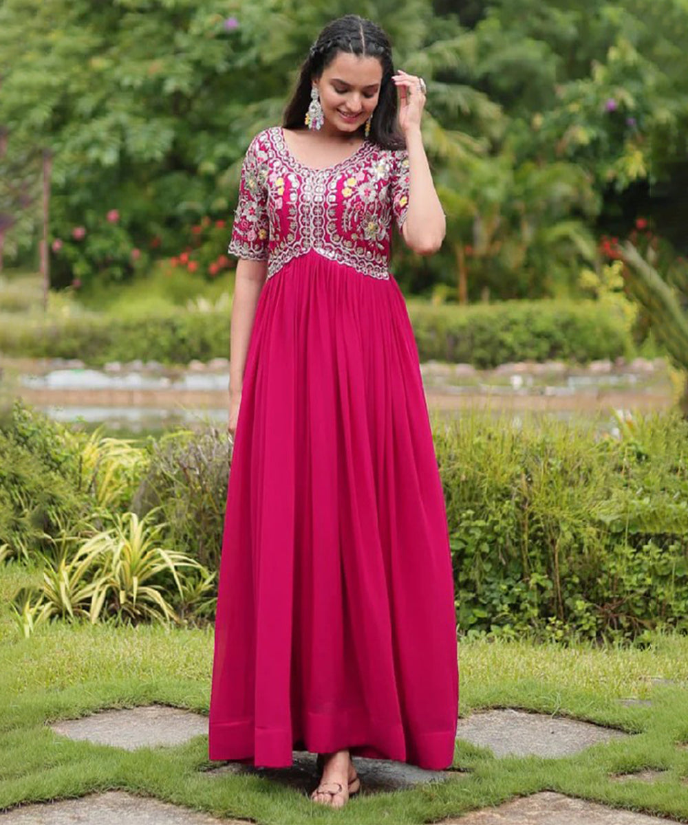 Pink Art Silk Embroidered Gown