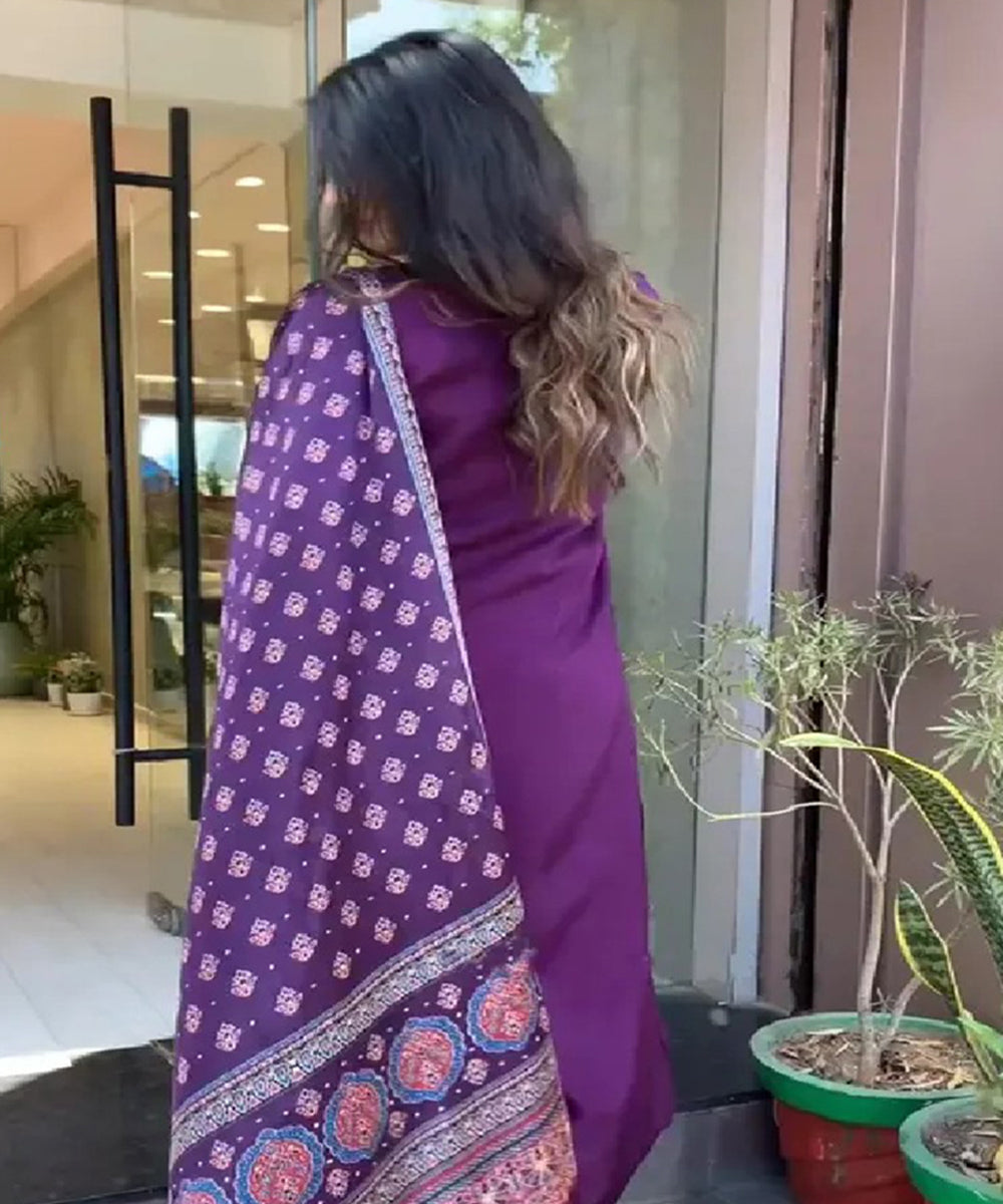 Purple Cotton Embroidered Kurta with Pant and Dupatta